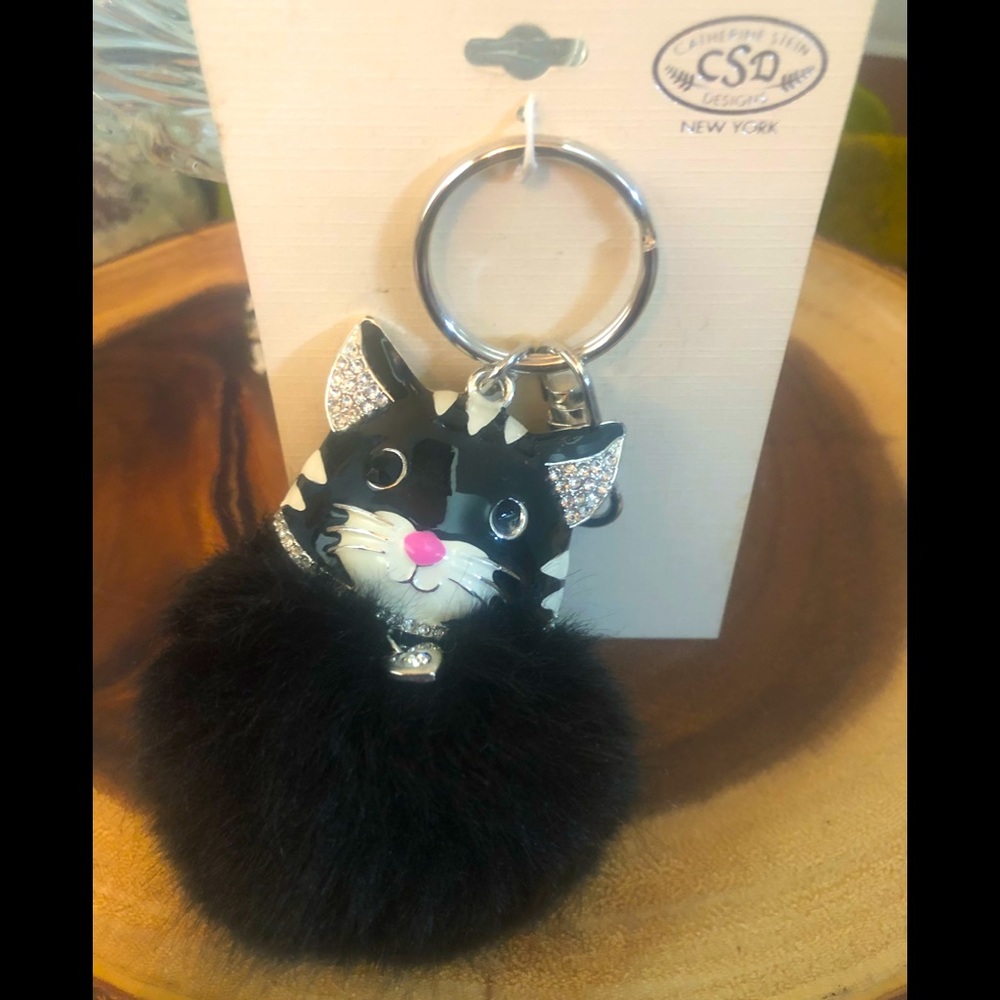 SUPER CUTE BLACK RHINESTONE EARS/COLLAR W/HEART ENAMELED FACE AND FUR KEYCHAIN
